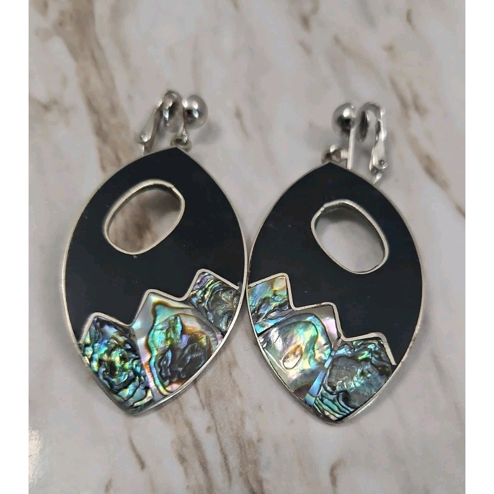 Vtg Alpaca Silver Abalone Inlay Dangle Clip On Earrings Signed Mexico